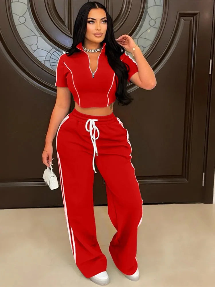 Red Tracksuit for Women: Stylish Crop Top & Wide Leg Pants Outfit