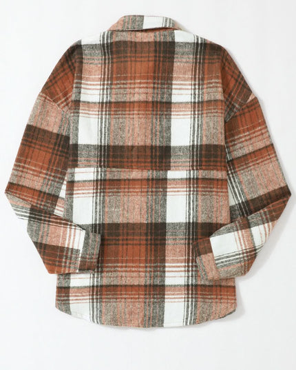 Gold Flame Grey Plaid Button Up Collared Flannel Shacket