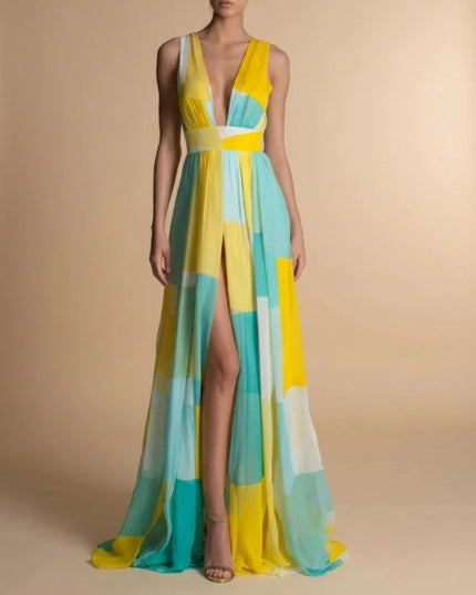 Serene Geometric Color-Block Chiffon Maxi Dress-Sun-Kissed Yellow & Azure Blue See size chart under “more details”
