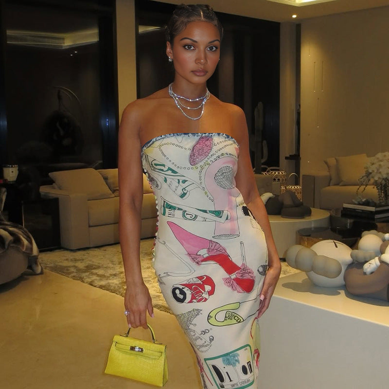 Abstract Personality Printed Sleeveless Strapless, Hip Hugging Jumpsuit Long Skirt