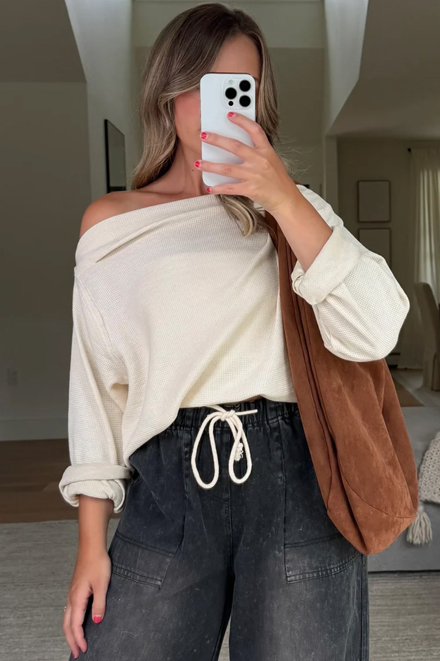 Beige Waffle Knit Off-Shoulder Top, Dark Wash Jeans, Brown Bag - Women's Casual Fashion Outfit