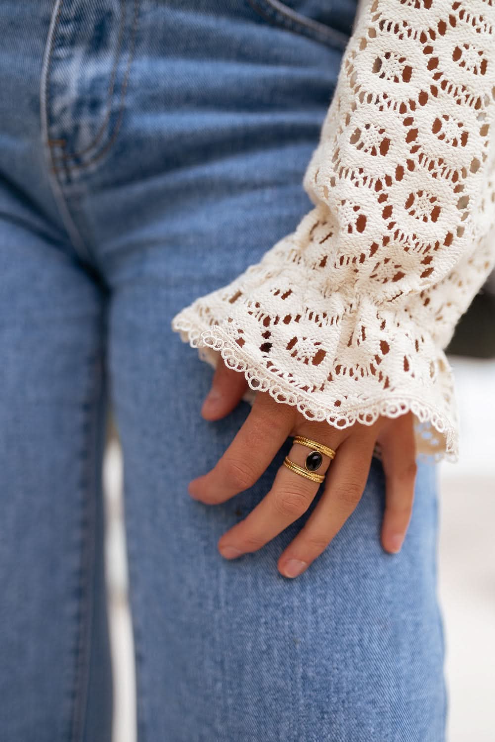 Beige Flower Lace V Neck Puff Sleeve Blouse For Women