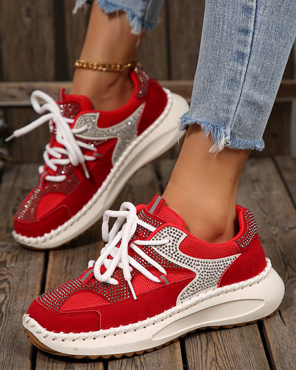White Rhinestone PU Leather Platform Casual Sneakers
