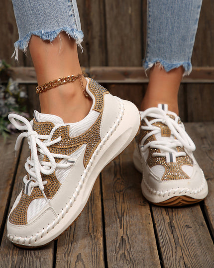 White Rhinestone PU Leather Platform Casual Sneakers