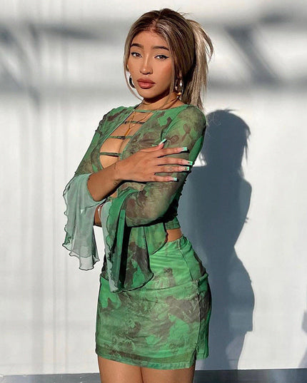 Bell Sleeve Cut out Top Mini Skirt set