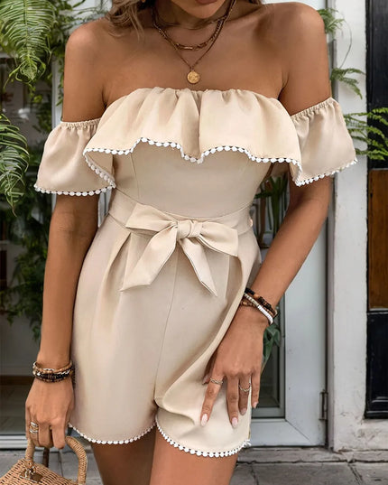 Beige Off-Shoulder Romper with Ruffled Top & Tie Waist - Stylish summer fashion, perfect for casual outings. Order yours now!