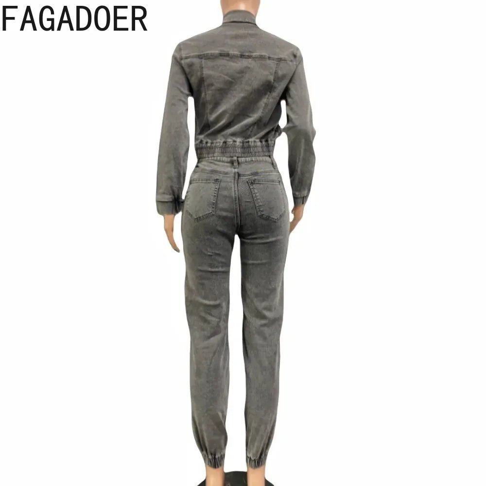FAGADOER Denim Two Piece Set - Women's Y2K Streetwear - Crop Jacket & Cargo Jeans Outfit