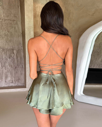 Halter Satin Backless Straps A Swing Dress Summer Sexy Temperament Elegant Celebrity Style Short Dress Womens Clothing