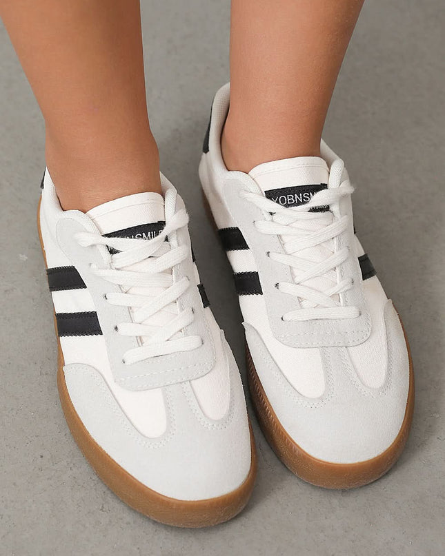 White Striped Lace Up Flat Sneakers For Everyday Comfort