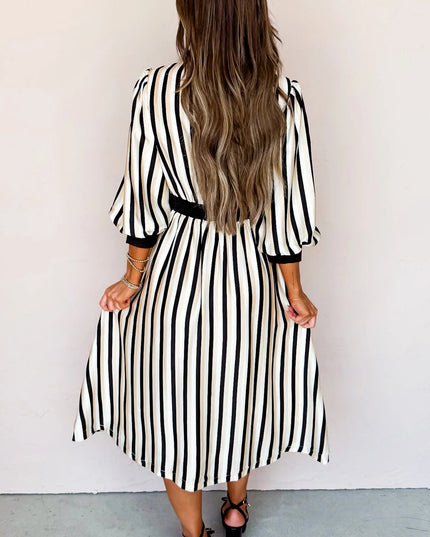 Black Stripe 3/4 Puff Sleeve Shirt Style Button Down Midi Dress
