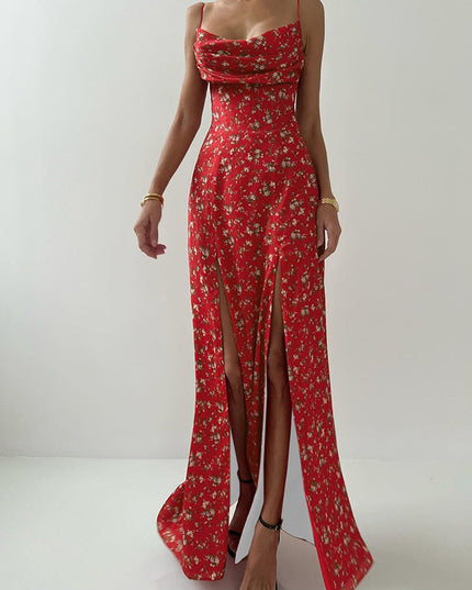 Women's Printed High Waist Slit Off-neck Dress