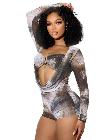 Slim Ink Blooming Printing Swing Collar Fake Two Pieces Long Sleeve Jumpsuit