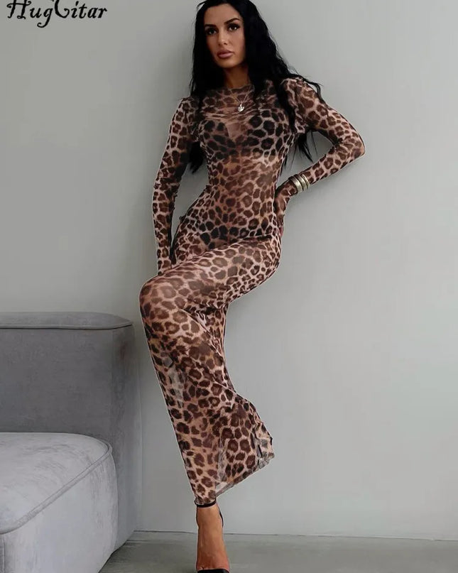 Leopard Print Mesh Maxi Dress: Sexy See-Through Long Sleeve Gown for Women's Fashion, Beach Vacation, Club Outfit.