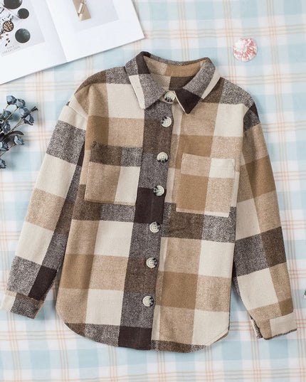 Khaki Plaid Color Block Shacket With Buttoned Pockets