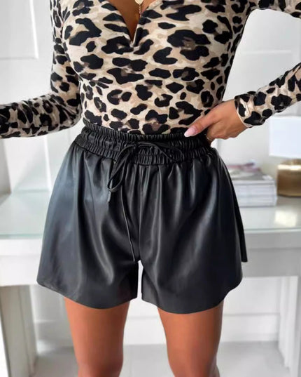 Drawstring Lace PU Leather Wide-leg Casual Pants Shorts For Women
