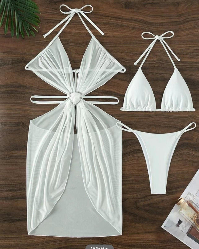 3pcs Halter Neck Bikini Beach Summer Solid Color Split Swimsuit Womens Clothing