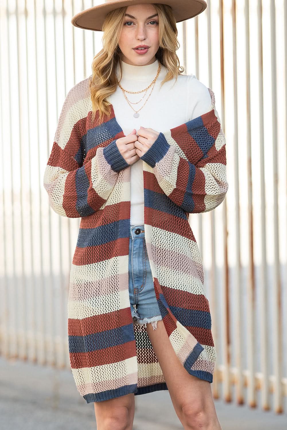 Dark Blue Color Block Striped Cutout Knit Cardigan