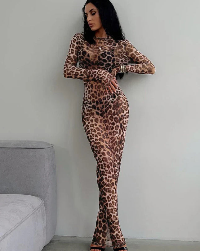 Hugcitar Leopard Print Mesh Long Sleeve Sexy Slim  See Through Maxi Dress Fall Women Fashion Outfits Beach Vacation Club