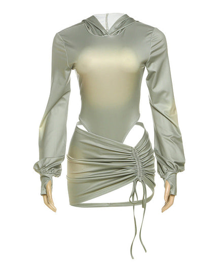 Women's Sexy Backless Hooded Jumpsuit Drawstring Bag Hip Skirt