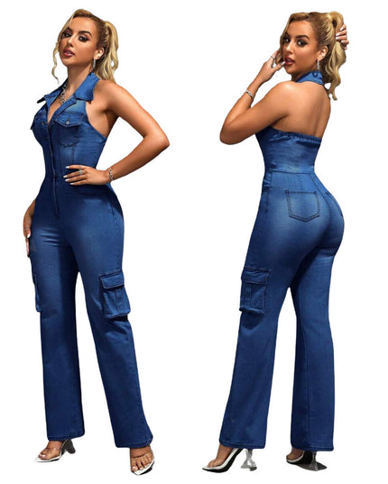 Tight Waist Slim High Elastic Wash Denim Jumpsuit