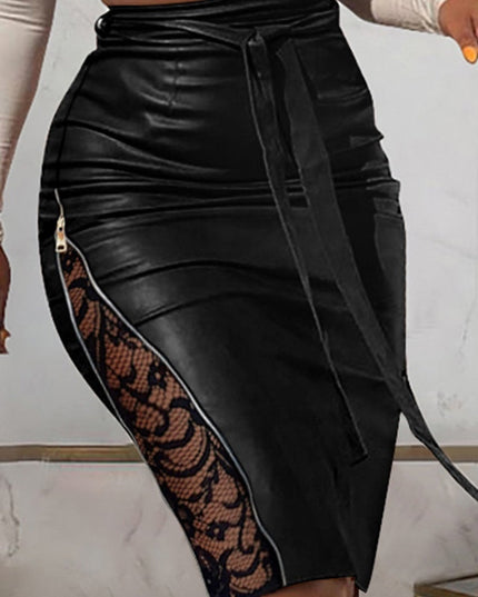 New Sexy Split Lace Stitching Slim-fit Lace Up Leather Skirt