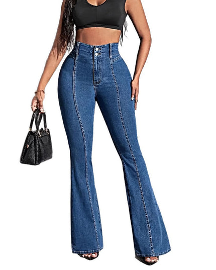 Front And Rear Stitching High Slimming Elastic Mid-waist Flared Jeans