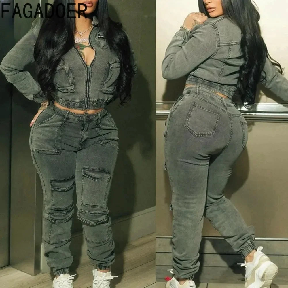 FAGADOER Denim Set: Y2K Streetwear Crop Jacket & Cargo Pants for Women - Fashionable & Trendy!