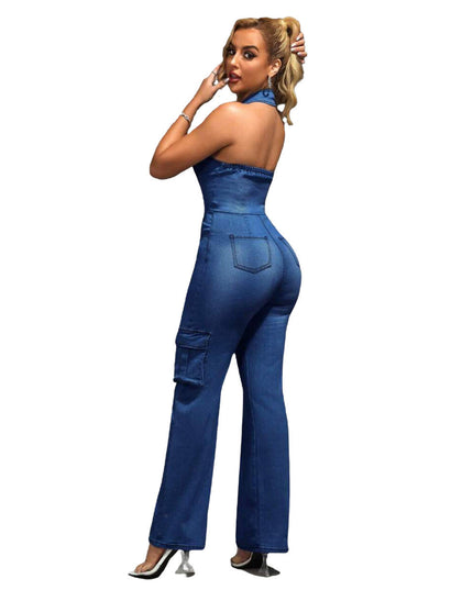 Tight Waist Slim High Elastic Wash Denim Jumpsuit