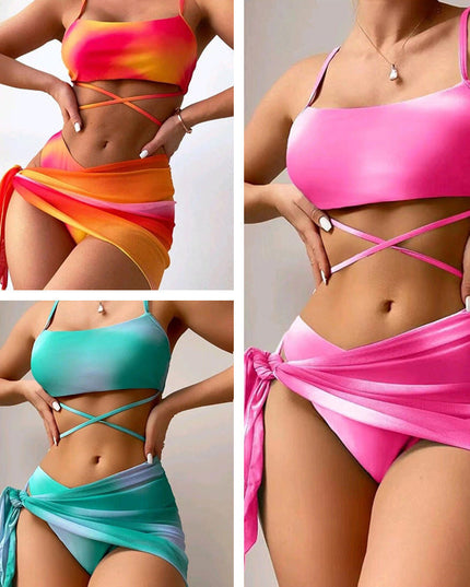 3pcs Tie Dye Print Bikini With Short Skirt Summer Beach Sexy Swimwear Womens Clothing