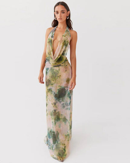 2pcs Tie Dye Printing Deep V-neck Suits Fashion Halter Backless Skirt For Beach Party Womens Clothing