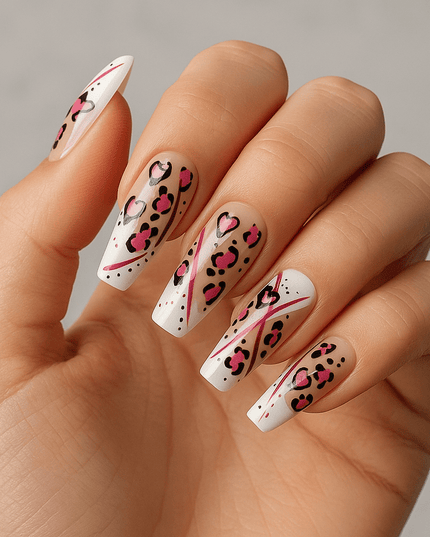 Love Savage Press-On Nails – Pink Heart Cheetah Print