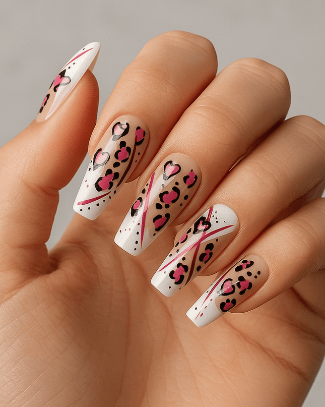 Love Savage Press-On Nails – Pink Heart Cheetah Print