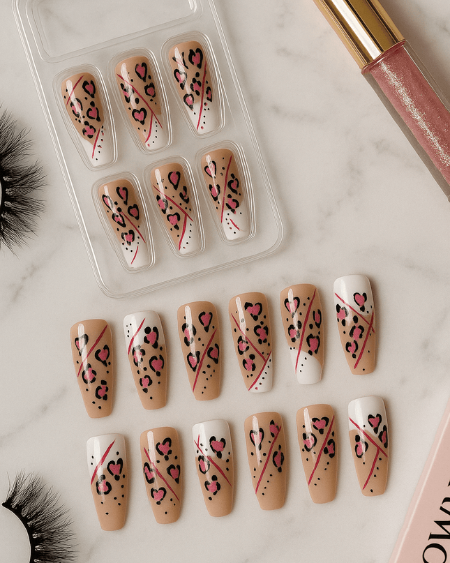 Love Savage Press-On Nails – Pink Heart Cheetah Print