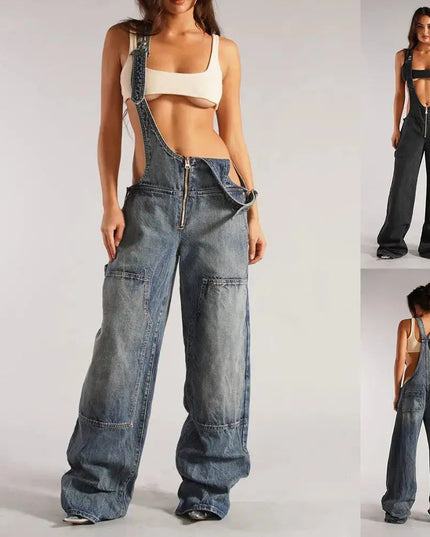 Y2K Denim Overalls Women – Zip Front Loose Fit Pocket Jumpsuit
