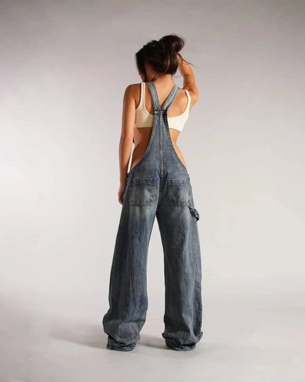 Y2K Denim Overalls Women – Zip Front Loose Fit Pocket Jumpsuit