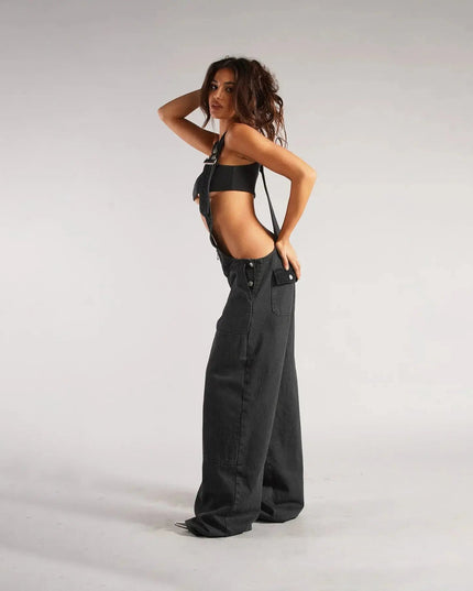 Y2K Denim Overalls Women – Zip Front Loose Fit Pocket Jumpsuit