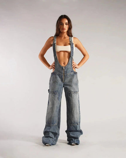 Y2K Denim Overalls Women – Zip Front Loose Fit Pocket Jumpsuit