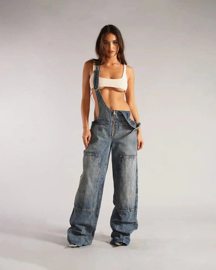 Y2K Denim Overalls Women – Zip Front Loose Fit Pocket Jumpsuit