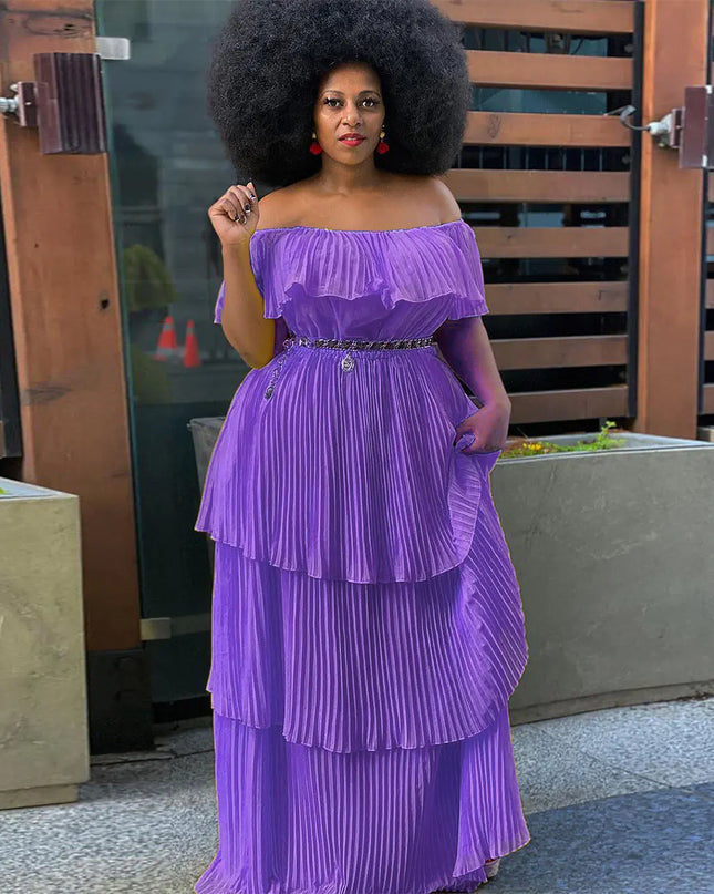 Plus Size Solid Color Off Shoulder Tiered Dress