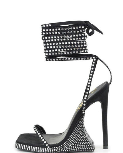 Her Name is Diamond Rhinestone Lace Up  Heel Sandals