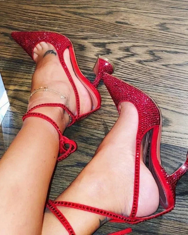 High Shine Red Crystal Lace Up Heels