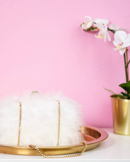White Fancy Furry Boa Feather Clutch
