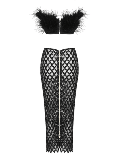 Invitation Only Feather Sequins Black Two Piece Set