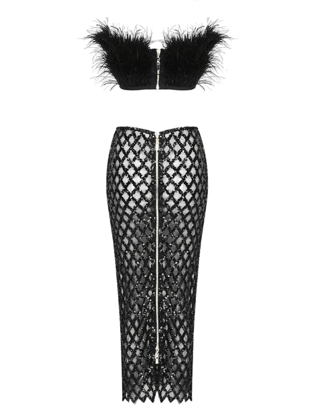 Invitation Only Feather Sequins Black Two Piece Set