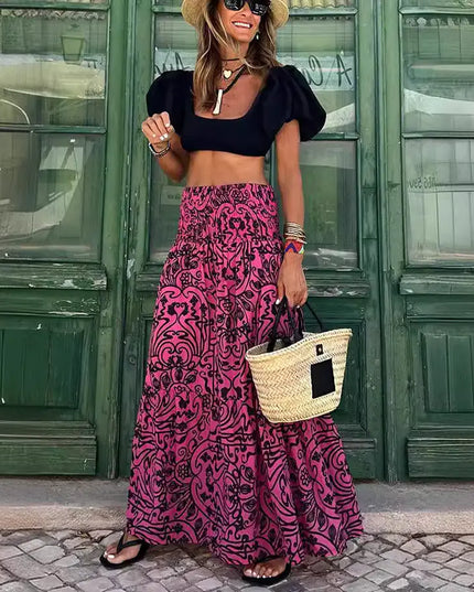 Summer Floral Maxi Skirt with Elastic Waist