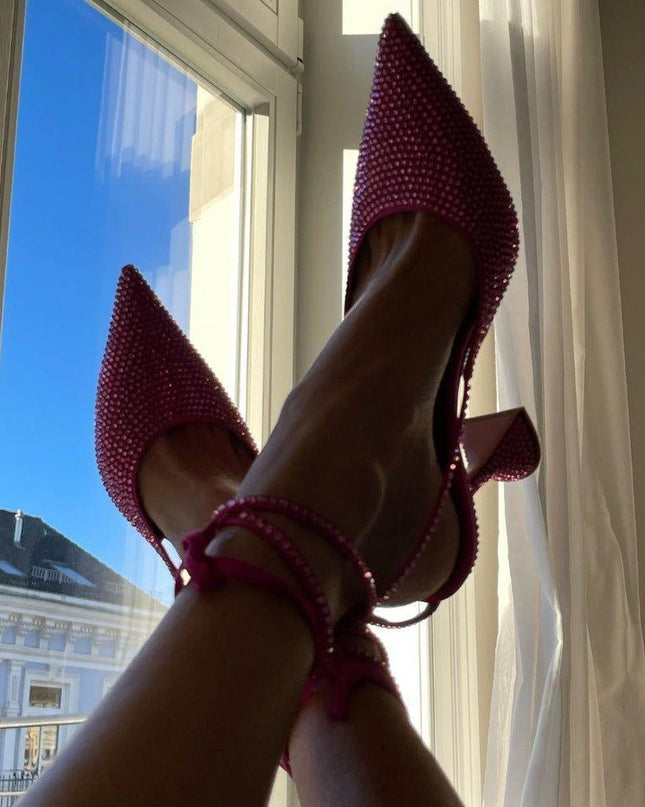 High Shine Red Crystal Lace Up Heels