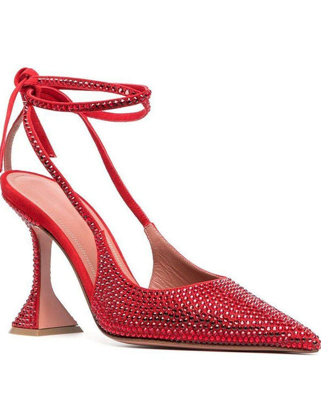 High Shine Red Crystal Lace Up Heels