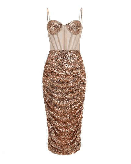 Mon Amour Gold Sequined Corset Midi Dress