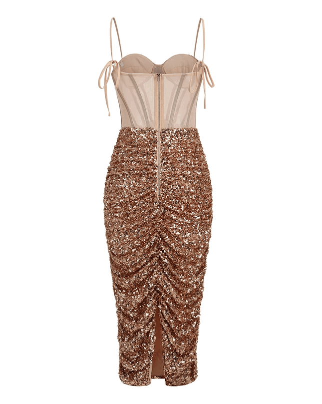 Mon Amour Gold Sequined Corset Midi Dress