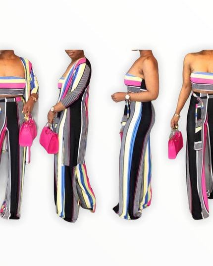 New Sexy Stripe 3 Piece Wide Leg Pant Set